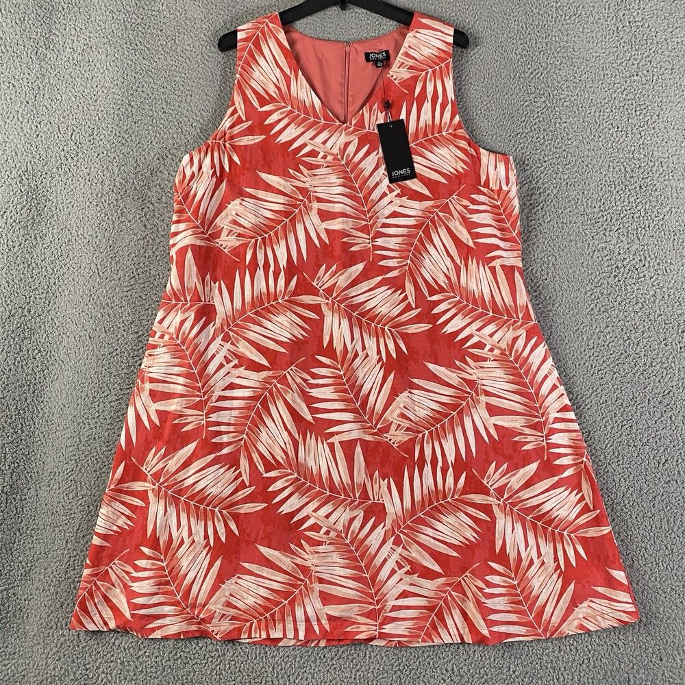 Jones New York Dress Women XL Orange Leaves Linen Blend Coastal Beach Resort NEW